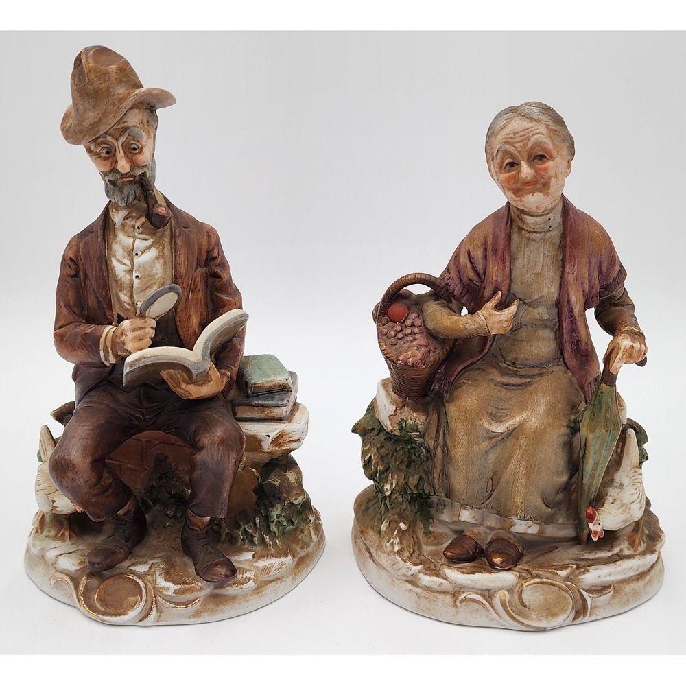 Vintage Ardco Fine Quality Porcelain Figurine Elderly Couple Book Basket Chicken